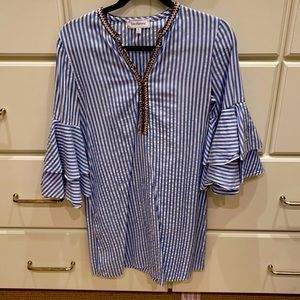 Blue and white seersucker dress